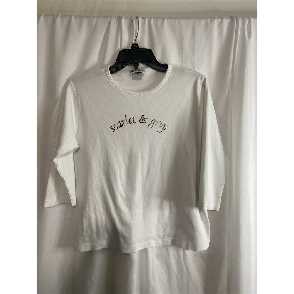 Las Olas Rhinestone Scarlet & Gray Top Womens Large White Good 3/4 Sleeve Cotton
